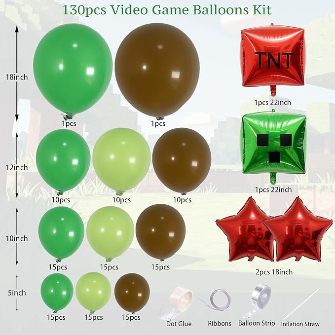 130Pcs Green Balloon Arch Garland Kit with Lime Green Brown Square Star Foil Balloons for Gaming Theme Party Decor, Birthday Party Supplies, Kids' Party Crafts and Decorations