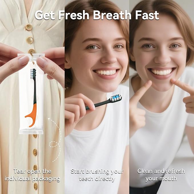 24Pack Disposable Toothbrushes with Toothpaste All-in-One Oral Care Prepasted Individually Wrapped 5-in-1 Mini Toothbrush with Toothpick, Flosser, Tongue Cleaner, Perfect for Travel & On-The-Go