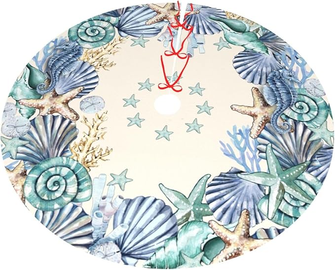 Shell Coastal Wreath Beach Starfish Theme Seahorse Christmas Tree Skirt Xmas Tree Mat Halloween Christmas Tree Ornaments Decorations Holiday Party Indoor Outdoor 36"