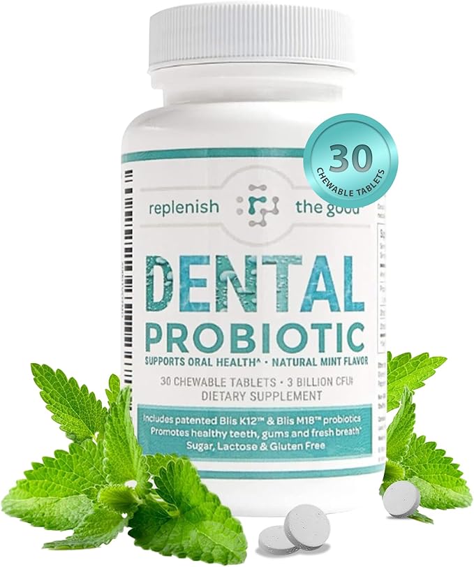 Dental Probiotic, 30 Sugar Free Chewable Tablets, Mint Flavor - Vegan Supplements w/BLIS K12 & M18 - Boosts Oral Health - Fights Bad Breath (Halitosis), Tooth Decay, Strep Throat