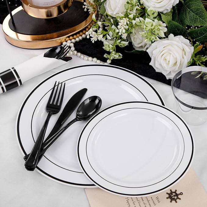 WELLIFE 350Pcs Black Plastic Dinnerware with Pre Rolled Napkins, Include:50 Dinner Plates, 50 Dessert Plates, 50 Paper Napkins, 50 Cups, 150 Plastic Cutlery