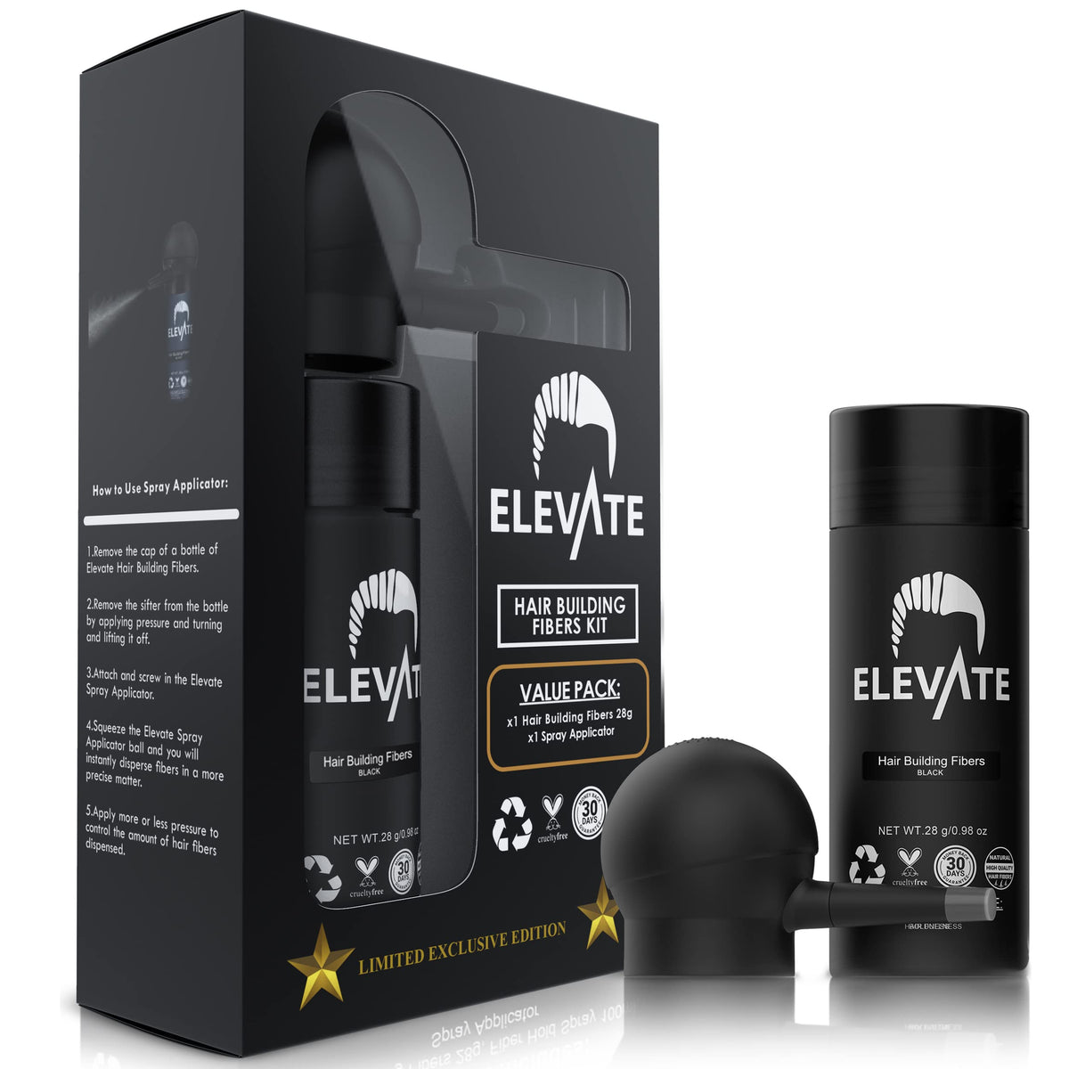 ELEVATE Hair Perfecting 2-in-1 Kit | Set Includes Natural Hair Thickening Fibers & Spray Applicator Pump Nozzle | Instantly Conceal & Thicken Thinning Balding Areas in Seconds Men & Women (Black)