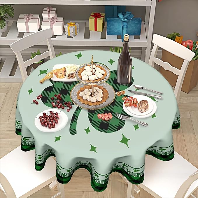St Patricks Tablecloth Round 60 Inch Green Shamrock Tablecloth Buffalo Plaid Clover Table Cloth Farmhouse St Patrick's Day Tablecloth for Kitchen Holiday Picnic Party Dinner Room Outdoor Decor