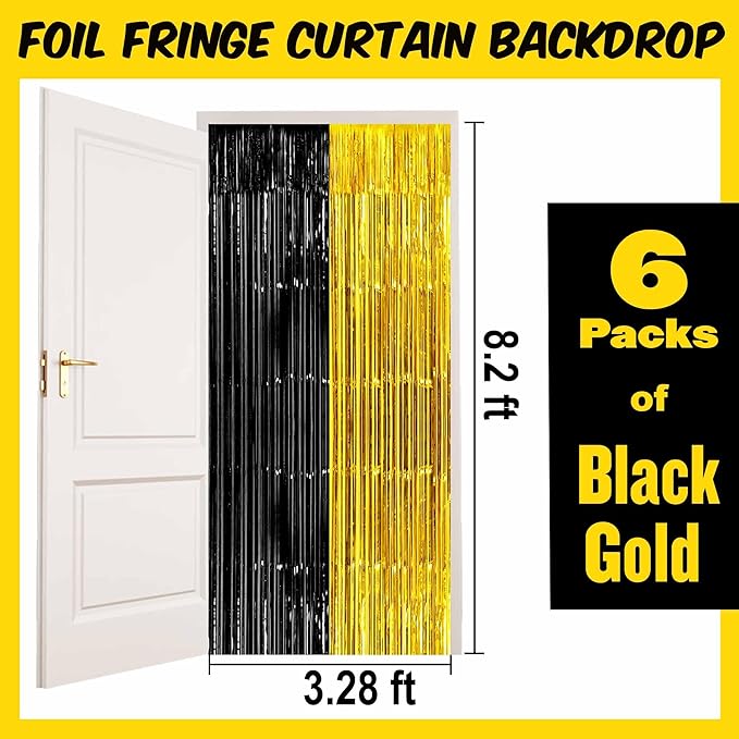 6 Pack Black and Gold Foil Fringe Curtains Backdrop, 3.28 x 8.2 Ft Metallic Streamers Tinsel Curtains Background for Photo Booth, Birthday, Christmas, Halloween, New Year Party Decorations