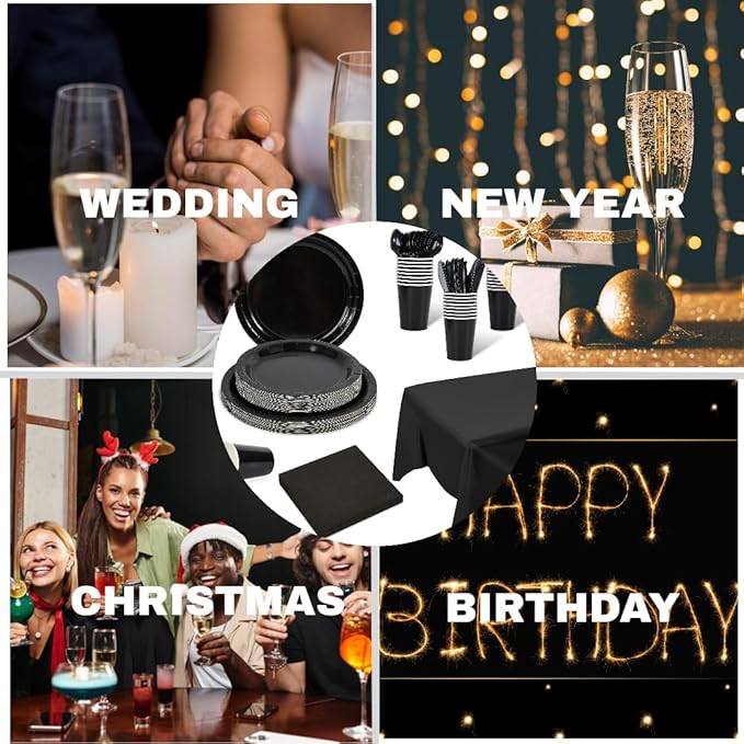 Ottin 169PCS Black Christmas Party Supplies for 24 Guests – Disposable Paper Plates, Napkins, Cups, Forks, Knives, Spoons & Tablecloth for Birthday, Wedding, Thanksgiving, Christmas, New Year