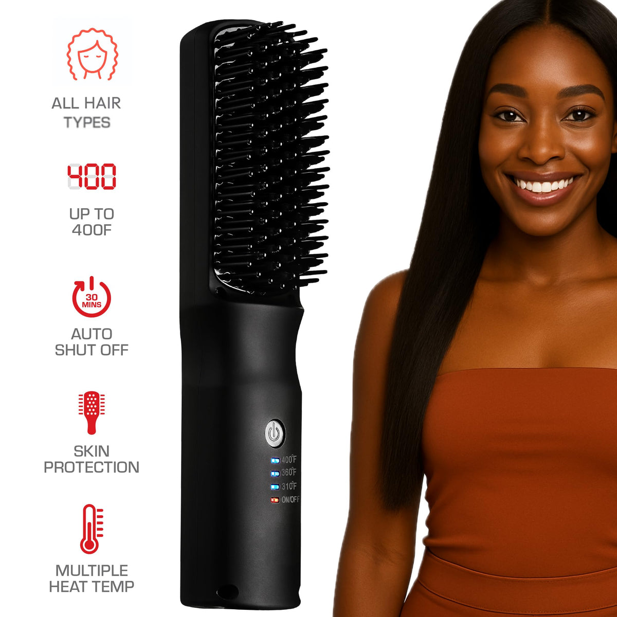 Red by Kiss 2-in-1 Ionic Hair Straightener Brush with Ceramic Coating, Adjustable Temp, Auto Shut Off, Skin Protector Bristles & 360° Swivel Cord, Smooth & Style in Few Strokes