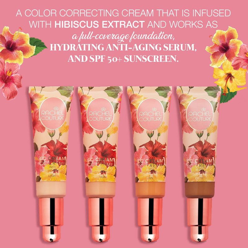 Rachel Couture CC Cream | Color Correcting Cream with Hyaluronic Acid | Full Coverage Foundation & Hydrating Anti-Aging Serum | Vegan & Cruelty Free - 1.18 Fl Oz - Light