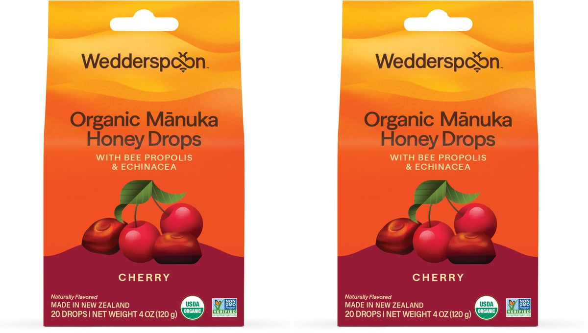 Wedderspoon Organic Mānuka Honey Drops, Cherry, Bee Propolis & Echinacea, 20 Count, USDA Organic, Genuine New Zealand Honey, Natural Remedy for Dry Throat (Pack of 2)
