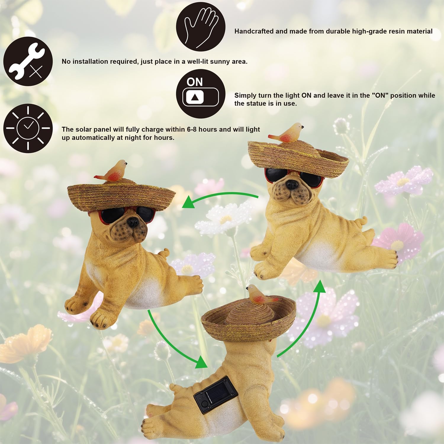 Glintoper Solar Garden Statue Dog Figurine, 8.7" Outdoor Resin Puppy Whimsical Lawn Porch Yard Art, Birthday Mothers Day Ideal Gifts, Lighted Shar Pei Ornaments for Patio Pathway Yard Decoration ﻿