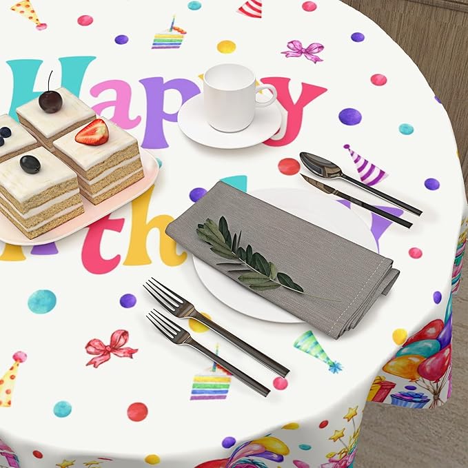 Happy Birthday Round Tablecloth 70 Inch Colorful Gift Birthday Hat Pattern Circle Table Cloth Holiday Table Cover Washable Polyester Decorations for Home Kitchen Dinning Party