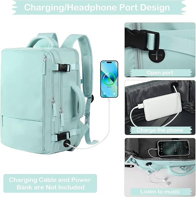 Hanples Carry on Backpack, Laptop Travel Backpack for Women Airline Approved, Personal Item Travel Bag for Men, Casual Daypack Bag for Business Work Weekend with 2 Toiletry Bags (Mint Green)