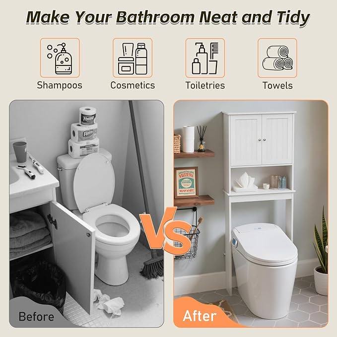 Over The Toilet Storage Cabinet, Behind Toilet Bathroom Organizer with Adjustable Shelves, Above Toilet Organizers with Barn Door, Space Saver for Restroom, Bathroom, Laundry