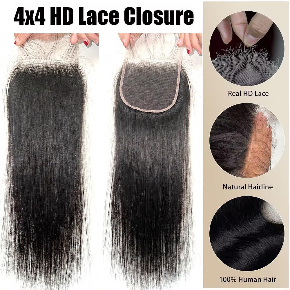 4X4 Straight HD Lace Closure Human Hair Extensions 12A Brazilian Virgin Remy 100% Unprocessed Human Hair Frontal Free Part Closure Only Pre Plucked With Baby Hair Natural Black 14 Inch
