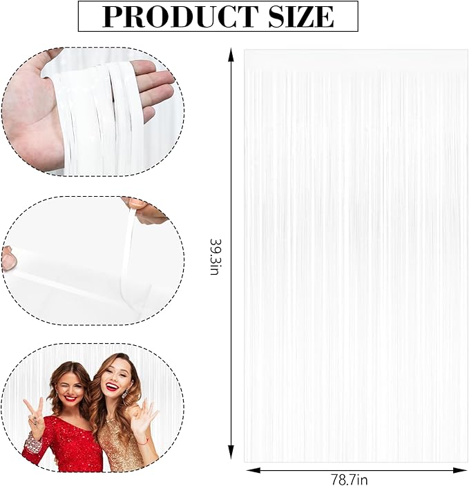 2 Pack Macaron White Tinsel Curtain Party Backdrop Decorations, Metallic Foil Fringe Curtain for Wedding Parties Door Streamers Christmas Birthday Bachelorette Photo Booth Party Decor