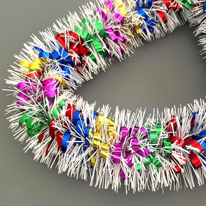 33Ft Long Tinsel Twist Garland Shiny Thick Metallic Foil Xmas Tree Decorations for Birthday Party Christmas New Year Parties Parade Floats and Other Holidays Hanging Decor Supplies-(Colours+White)