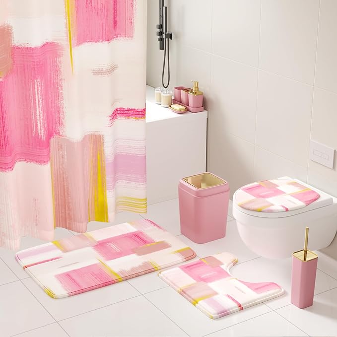 Bathroom Accessories Set - 26PCS Pink Bathroom Set, Bathroom Accessory Set with Shower Curtain and Rugs and Bathtub Mats for Home