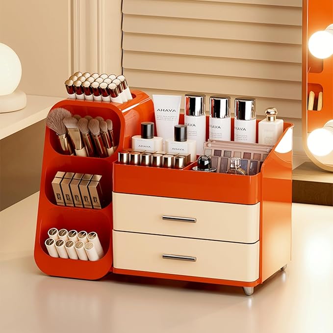 Makeup Organizer with Drawers,Large Capacity Countertop Organizer for Vanity,Bathroom and Bedroom Desk Cosmetics Organizer,Easy To Storage Skincare,Brushes,Lotions,Lipstick (Red and Cream)