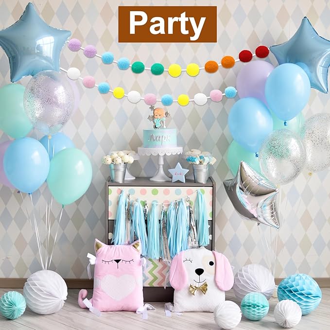 uxcell 2pcs Pom Pom Garland 6.6 Ft 30 Balls Colorful Felt Ball Garland for Wall Christmas Tree Decor Birthday Banner Easter Party Decorations, White, Pink, Blue
