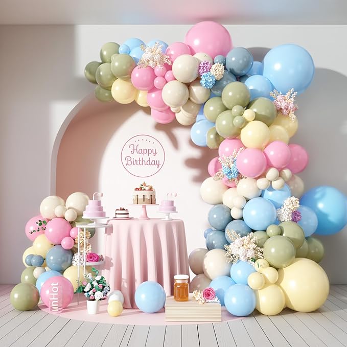 FunHot Blue Pink Yellow Balloon Arch Kit, Pastel Balloon Garland with Baby Pink Light Fog Blue Yellow Sage Green Ivory White Balloons for Baby Shower Gender Reveal Wedding Birthday Party Decorations