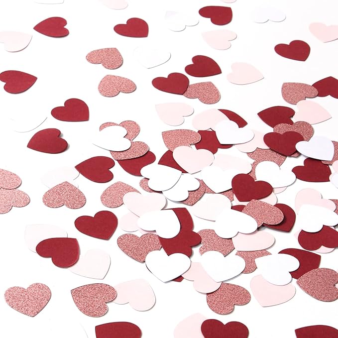 Rose-gold Pink Burgundy Valentines-Decorations Heart-Confetti - 300pcs Mohters Day Glitter Table Paper Confetti,Princess Tea Sweet 16 18 Birthday Decor Lasting Surprise
