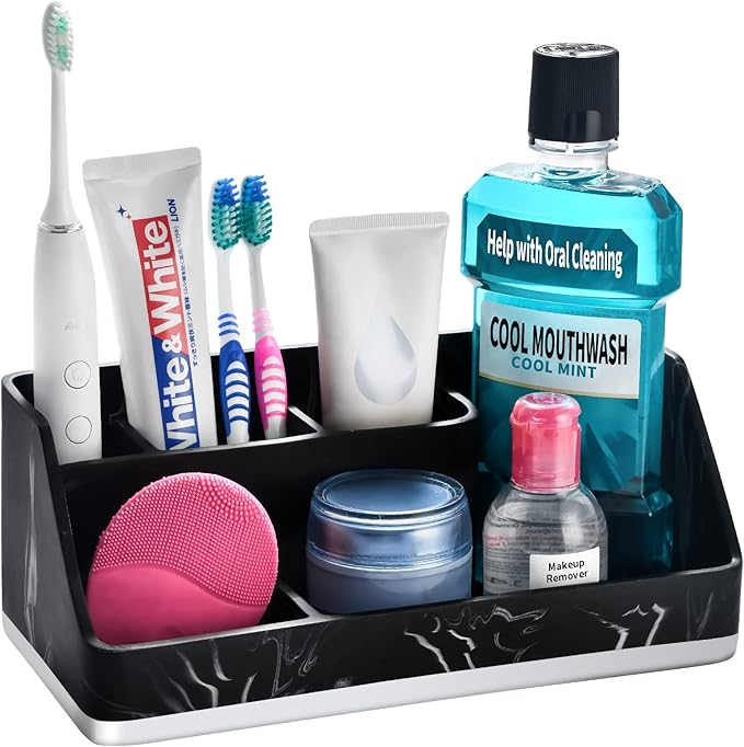 VITVITI Toothbrush Holders for Bathrooms, Bathroom Counter Organizer for Vanity Countertop/Sink, 5 Slots Tooth Brush/Toothpaste Holder Storage, Marble Look Bathroom Accessories, Black Resin