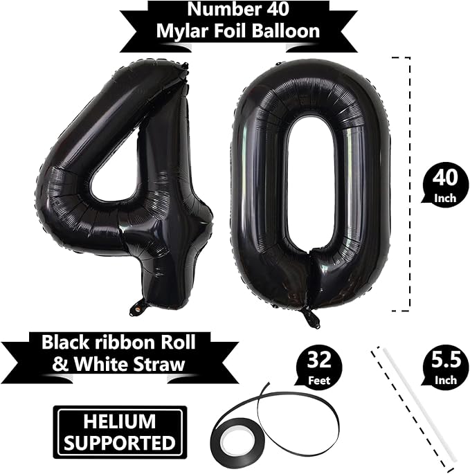 SINBEE Black 40inch Reusable Mylar Foil Balloon, 1pcs Number 4 Balloon for Birthday, Anniversary, Party Decorations Supplies