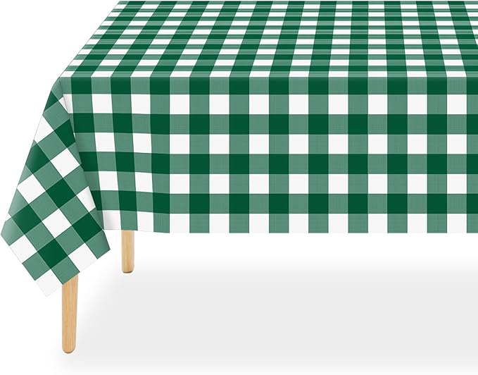 QIKSION Green Gingham Tablecloth Disposable 2 Pack, 54 x 108 Inch Green and White Checkered Table Cloth for Camping, Birthday, Masters Golf Party Supplies, Rectangle, Plastic Table Cover