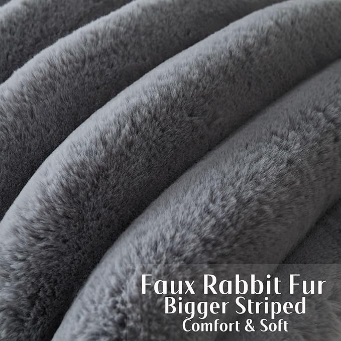 FUTEI Grey Decorative Throw Pillow Covers 20x20 Inch Set of 2, Square Soft Faux Rabbit Fur Thick Striped Cushion Cover,Winter Home Decor for Couch Bed Living Room
