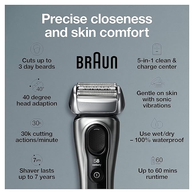 Braun Electric Razor for Men, Series 8 8467cc Electric Foil Shaver with Precision Beard Trimmer, Cleaning & Charging SmartCare Center, Galvano Silver