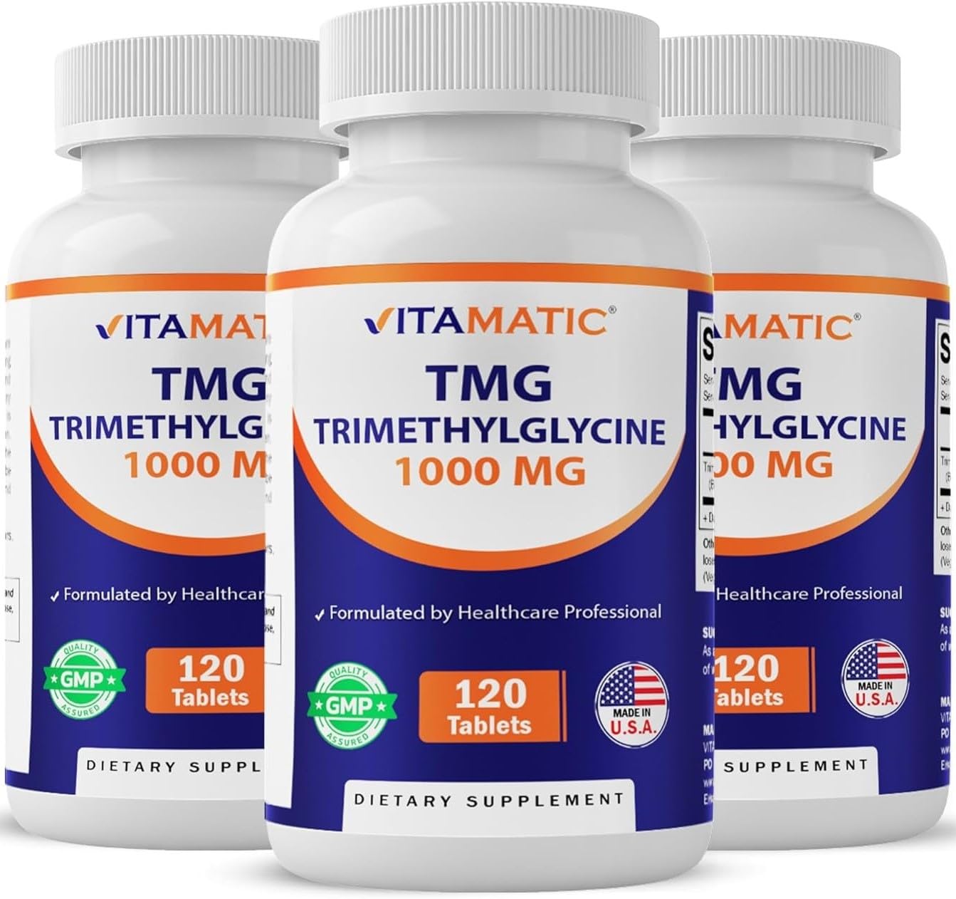 Vitamatic TMG Supplements 1000mg - Trimethylglycine - Betaine Anhydrous - 120 Tablets - 120 Servings - Non-GMO & Gluten Free (3 Bottles)