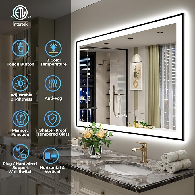 51x40 Inch LED Bathroom Mirror with Lights (Front Lit and Backlit) Black Framed Lighted Vanity Mirror for Bathroom Wall Dimmable Anti-Fog Memory Tempered Glass Horizontal/Vertical