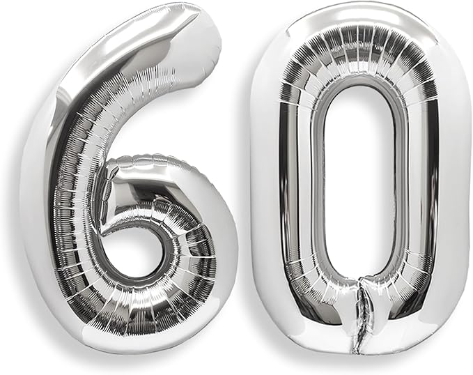 AULE 40 Inch Jumbo Silver Foil Mylar Number Balloons for Men Women 60th Birthday Party Decorations 60 Years Old Anniversary Party Supplies