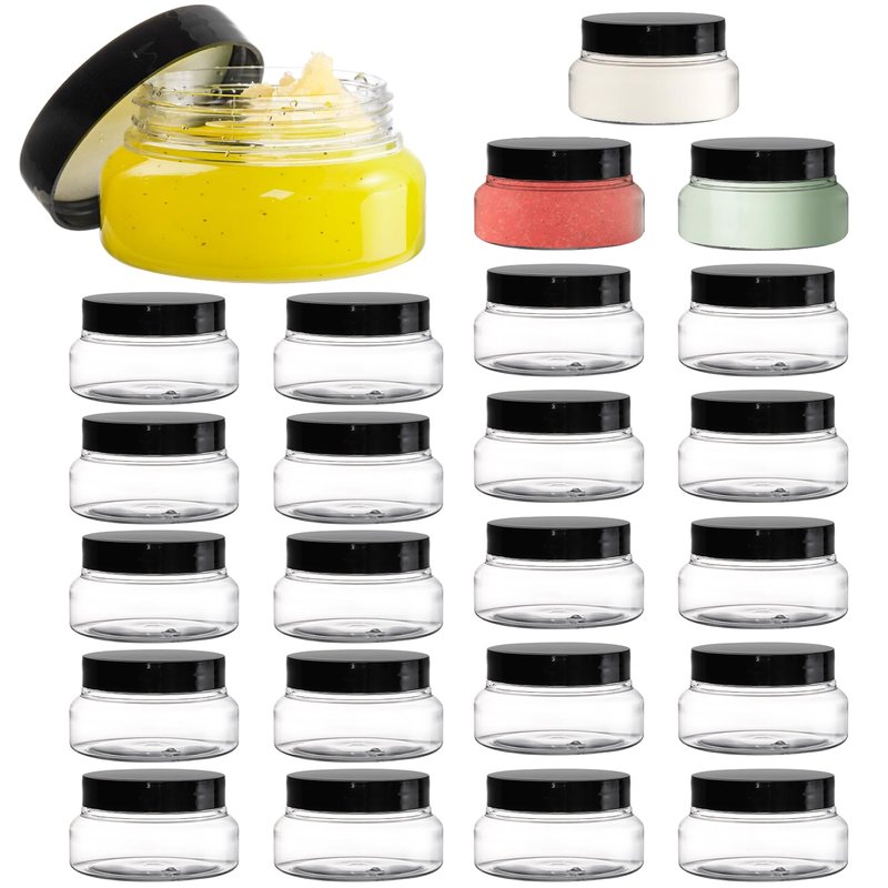 Yarlung 24 Pack 5 Oz Plastic Jars with Lids, Clear Body Scrub Jars Empty Refillable Containers Round Low Profile Samples Jars for Lotion, Body Butter, Sugar Scrub, Cream