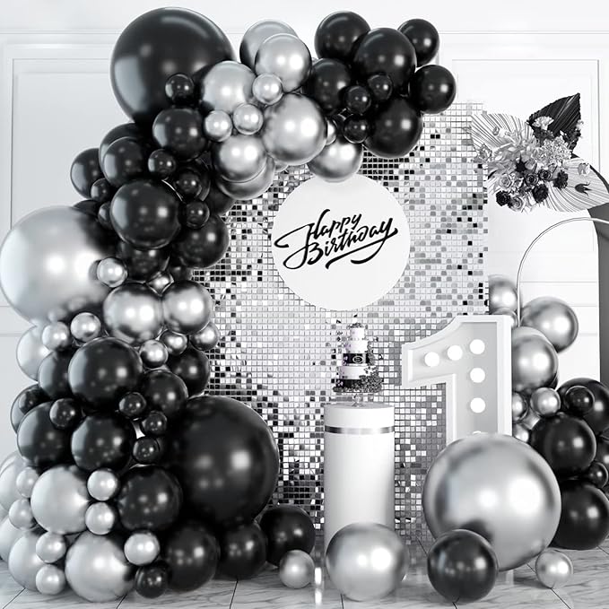 Black and Silver Balloon Garland Kit, Metallic Silver and Black Balloon Arch Kit, 100Pcs Chrome Silver Latex Black Balloons Different Sizes for Wedding Bridal Shower Birthday Graduation Party Supplies