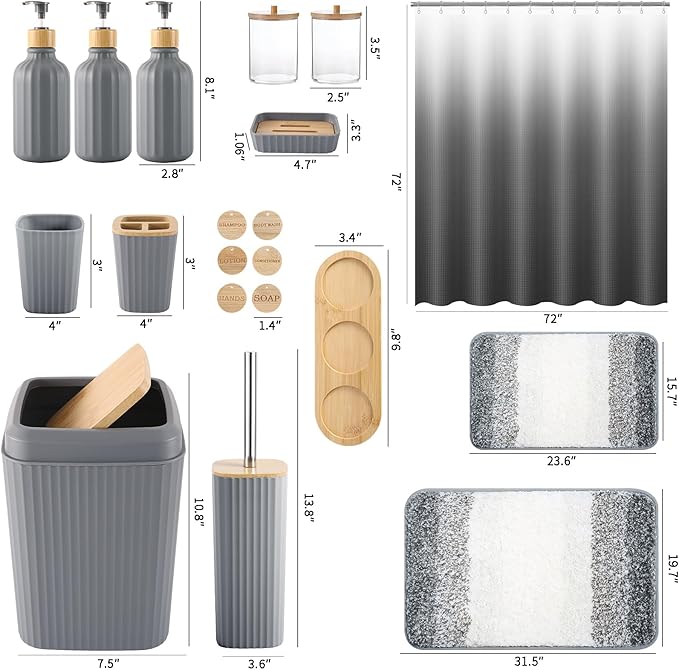 32PCS Grey Bathroom Accessories Set with Shower Curtain,Rugs,Trash Can,3PCS Lotion Soap Dispenser, Toothbrush Holder, Soap Dish,Tumbler Cup,6PCS Wood Tags Bath Accessories with Tray for Bathroom