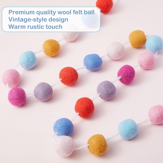 Boao 2 Pieces Wool Felt Ball Garland Colorful Pom Pom Garland Handmade 6.5 Feet Long 24 Balls Felt Banner for Wall Christmas Tree Decoration (Lovely Colors)