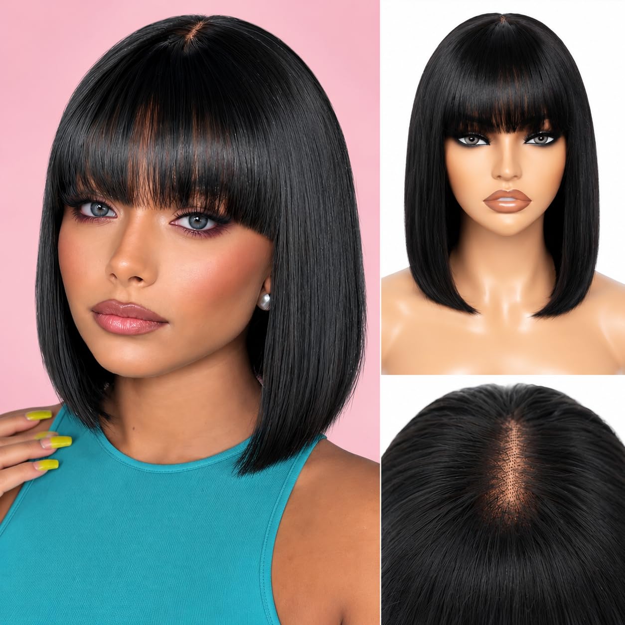 Adyutrlia Straight Bob Wig Human Hair With Bangs Glueless 2x4 HD Lace Colsure Wigs, Ready to Go Human Hair Wig Short Wigs Human Hair For Women Beginner Friendly (Natural Black, 10 Inch)