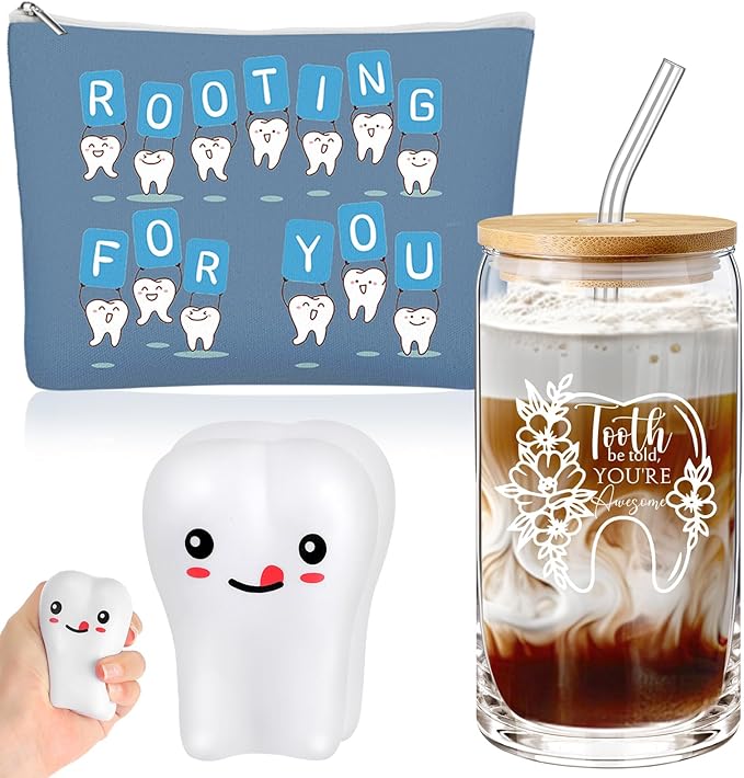 Sliner 3 Pcs Dental Nurse Gifts Dental Hygienist Gift 16 oz Glass Cups Makeup Bag Teeth Stress Toy for Women Coworkers Nurse Assistant Retirement Graduation Birthday Christmas Dentist Gift(Blue)
