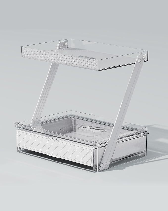 Z-Shaped Bathroom Countertop Organizer – 2-Tier Vanity Organizer with Sliding Tray & Drawer for Skincare, Makeup & Perfume – Acrylic Storage for Dresser, Office or Desk