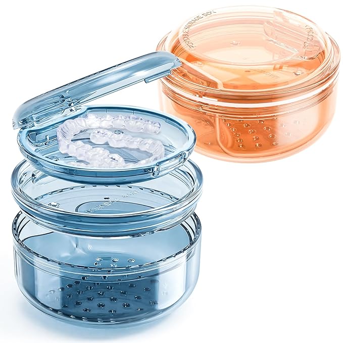 Denture Case, 2PCS Retainer Case with Strainer Basket, 2 in 1 Denture Bath Case No-Leak Retainer Cleaner Case, Retainer Holder for Travel, Mouth Guard Case for Dentures, Clear Braces, Night Guard