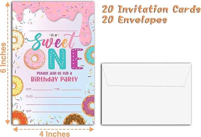 Donut Sweet One Birthday Party Invitations, 20-Count Donut First Birthday Party Invites With Envelopes-HBYQK-B46