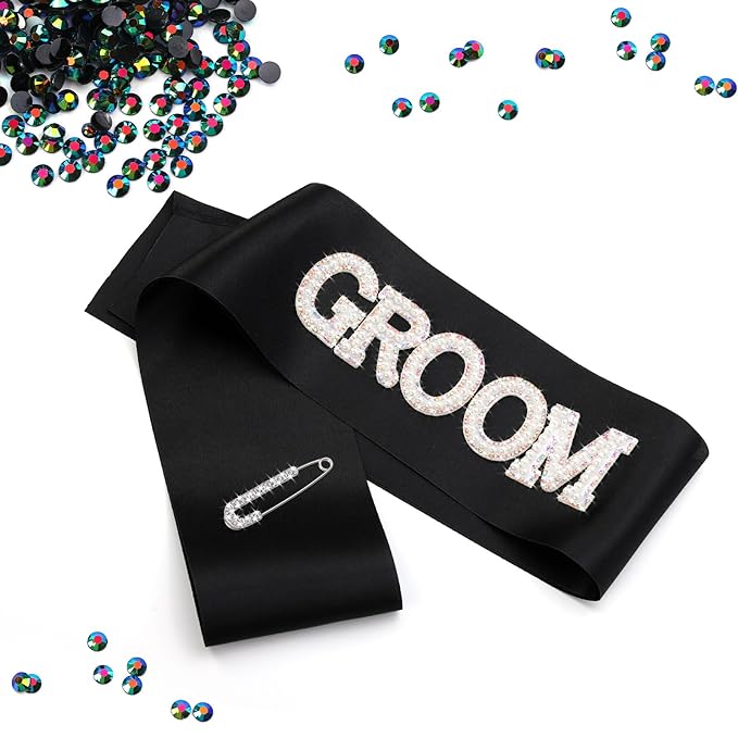 Etercycle Groom Sash, Bachelor Party Sash Wedding Decorations, Glitter Black Groomie Satin Sash For Wedding Engagement Party Favors Groom Bridal Shower Gifts With Diamond Pin