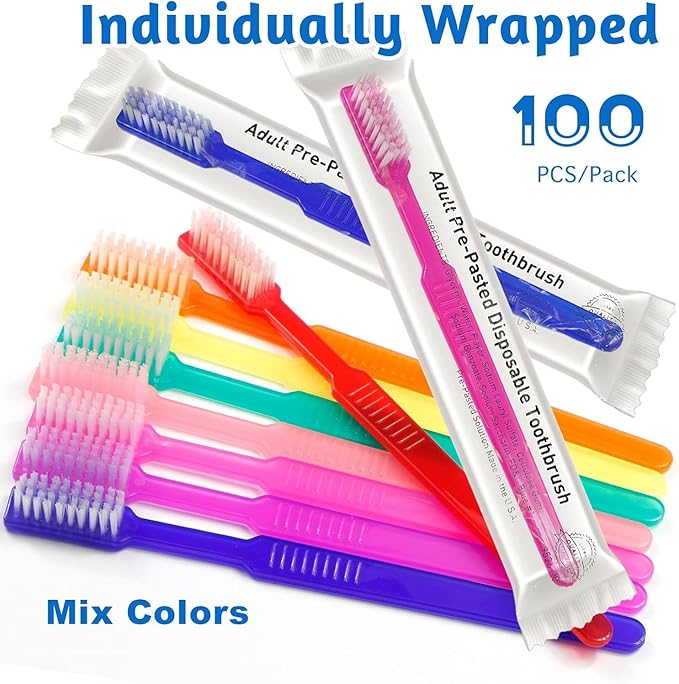 VASTMED 200 Pcs Disposable Pre-Pasted Toothbrushes Individually Wrapped Pre Pasted Toothbrush | Single Use Waterless Tooth Brush for Hotel, Camping, Homeless Gift | Multi Color