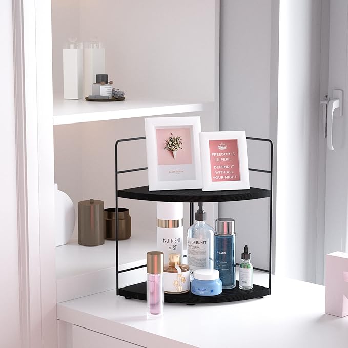 ZGO 2-Tier Bathroom Counter Organizer, Corner and Makeup Organizer for Vanity and Kitchen Counter, Perfume Organizer (Black)