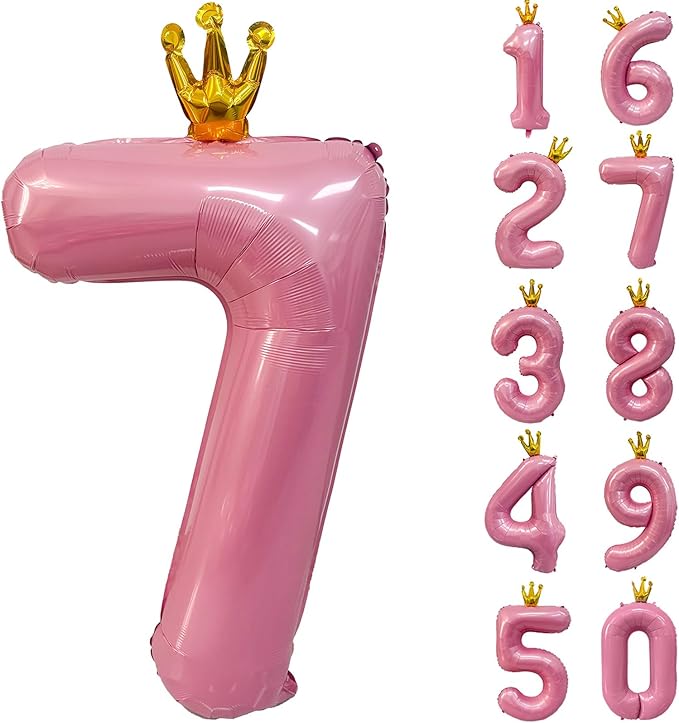 40 inch Pink Number 7 Balloon with Crown, Pink Crown Balloons 0-9 for 7th Birthday Party Anniversary Decorations Supplies