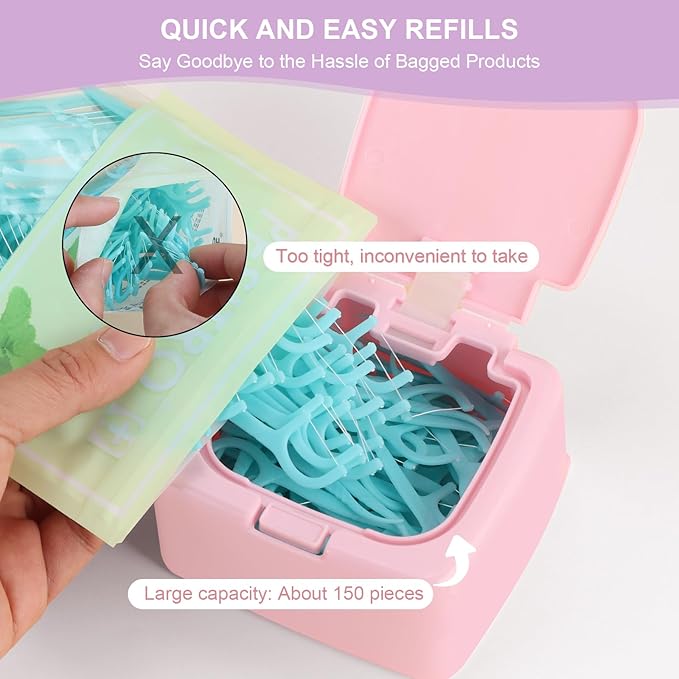 JGB 2 Packs Floss Pick Holder Container With One-Touch Opening, Quick Refill For Qtip, Cotton Swabs, Balls, Pads - Reusable Square Dispenser Box For Home, Hotel, Office Organizers and Storage - Pink