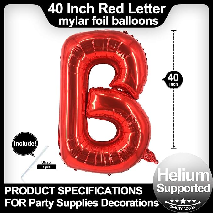 40 Inch Red Letter B Balloons, DIY Phrase Foil Alphabet Letter B Balloons DIY Word B Banner for Birthday Anniversary Celebration Graduation Party Supplies Decoration