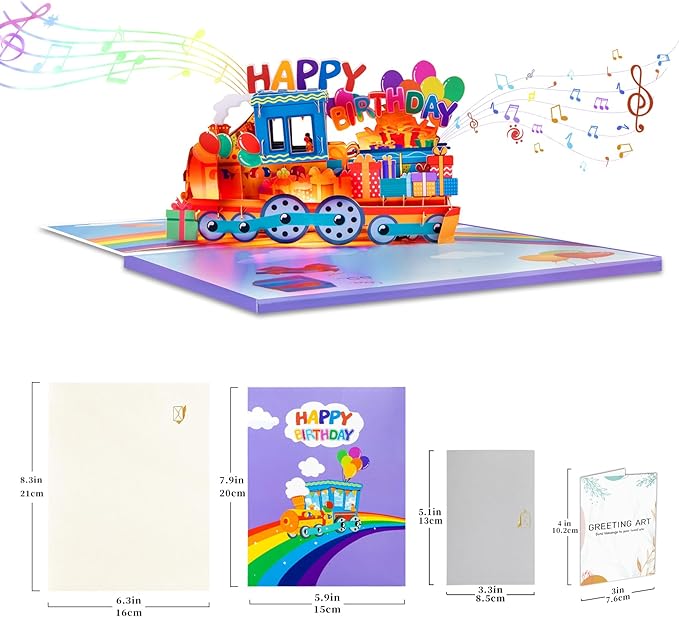 GREETING ART Musical Train Birthday Card, 3D Pop Up Birthday Cards, Light & Music Happy Birthday Card for Kids, Women, Man, Mom, Wife, Husband, Boy, Girl
