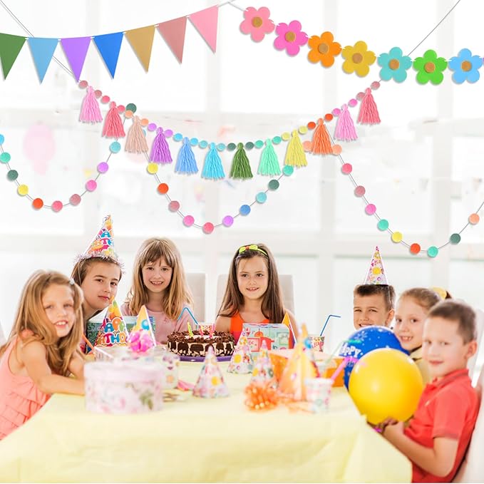 4 Pcs Rainbow Tassel Garland Colorful Pom Pom Garland 9.8 Feet Boho Felt Fabric Tassel Banner Set, Pastel Wall Door Hanging Decor for Classroom Birthday Party Kids Bedroom School