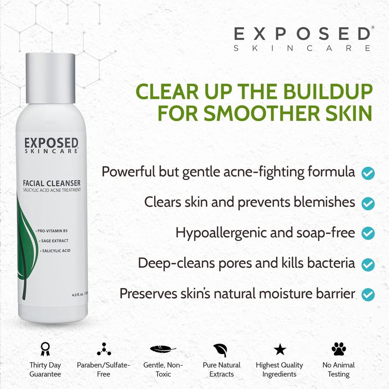 Exposed Skin Care, Acne Facial Cleanser with 0.5% Salicylic Acid for Sensitive and Acne-Prone Skin – Gentle Daily Face Wash for Breakout, Blackhead and Excess Oil – Natural, Non-toxic and Cruelty Free